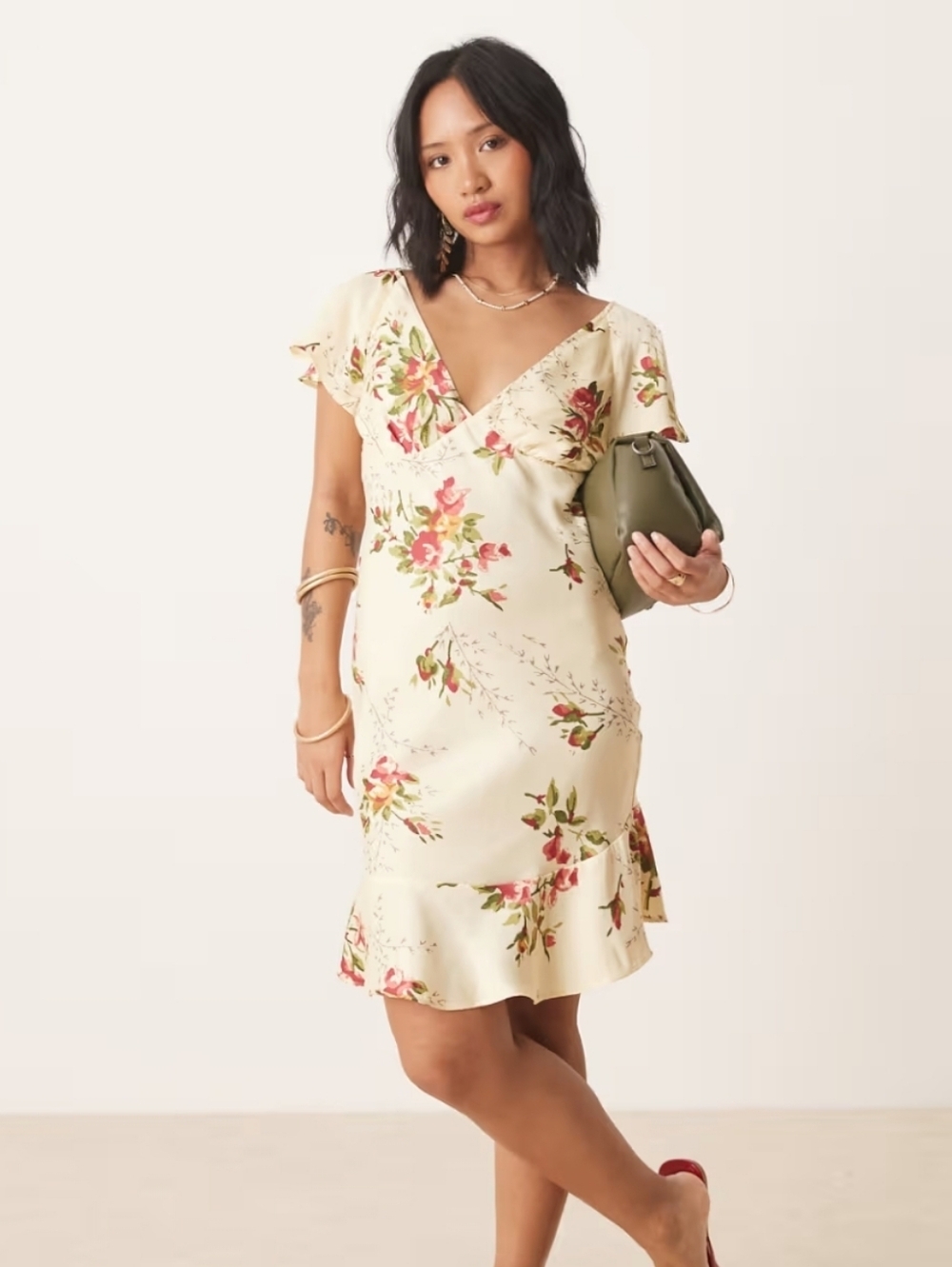 NWT ASOS DESIGN Cream Flutter Sleeve Mini Dress, Floral Print, Size 2 Petite